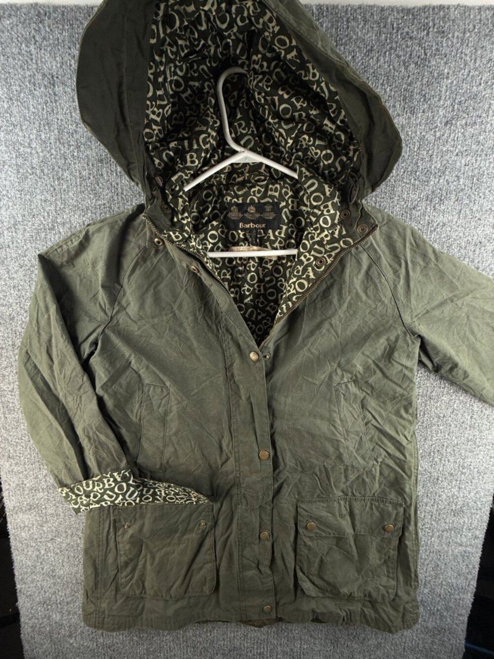 Barbour Love Emma Bridgewater Waxed Jacket Women Full Zip Green Hooded US 8